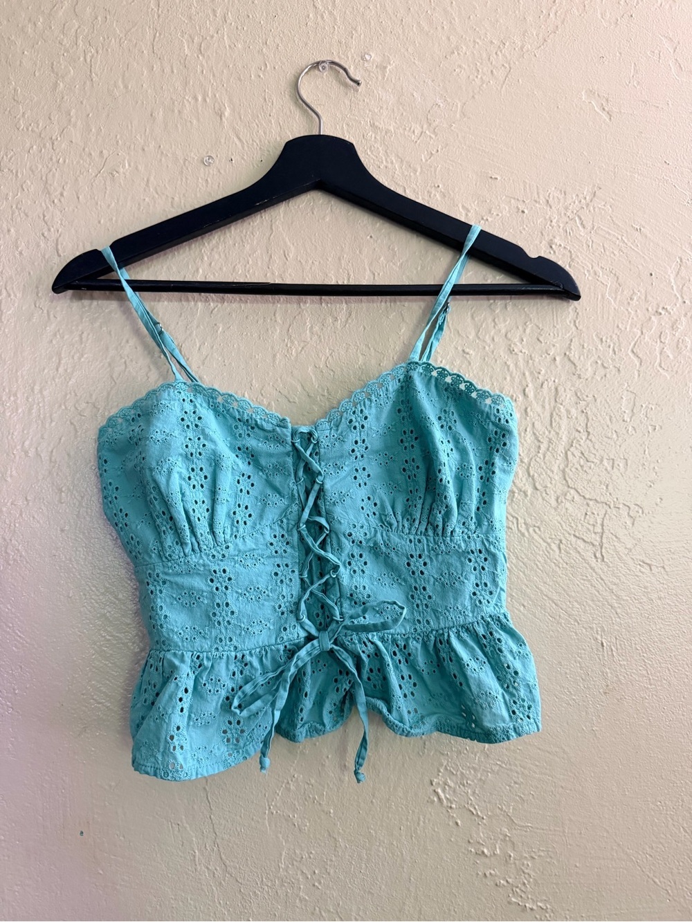 wild fable Aqua Eyelet Lace-Up Crop Cami